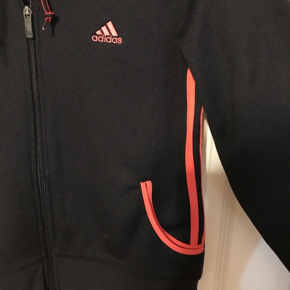 Adidas Zip up hooded black sweatshirt with orange stripe, size medium petite - Picture 6 of 8